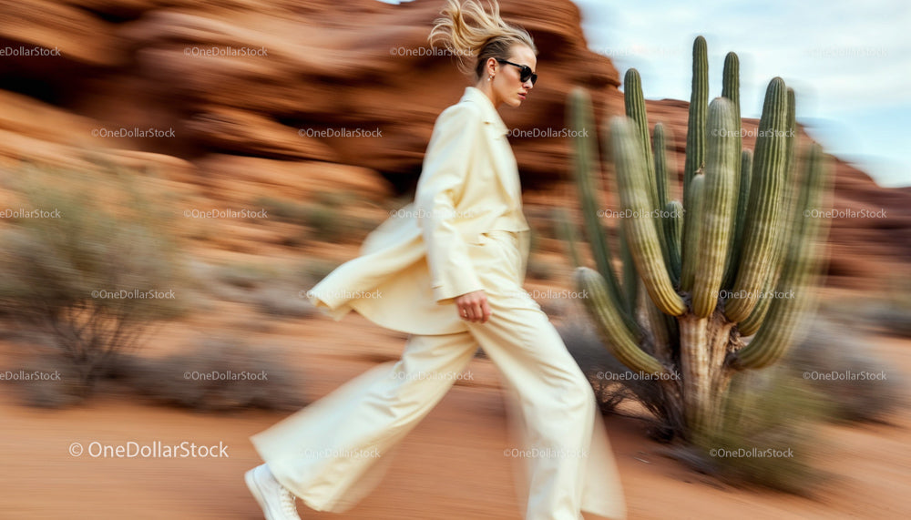 Stylish Woman in Beige Suit Walking Through Desert