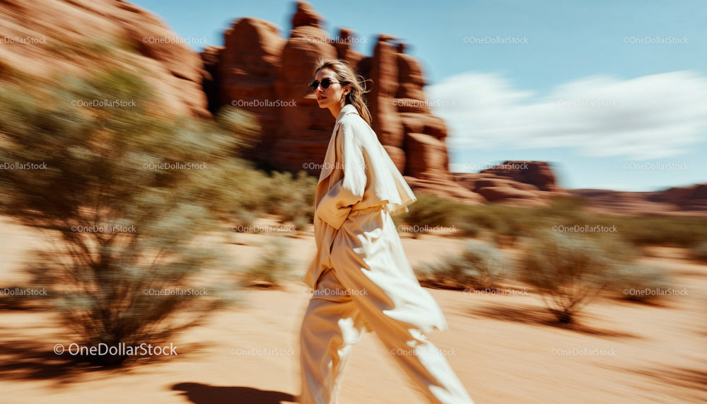 Woman in Stylish Beige Coat Moving Through Desert Canyon