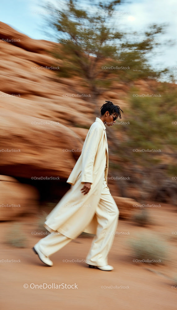 Stylish Man in Beige Coat Walking Through Desert Landscape