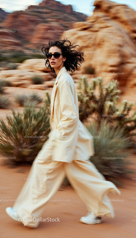 Stylish Woman in Beige Walking Through Rocky Desert