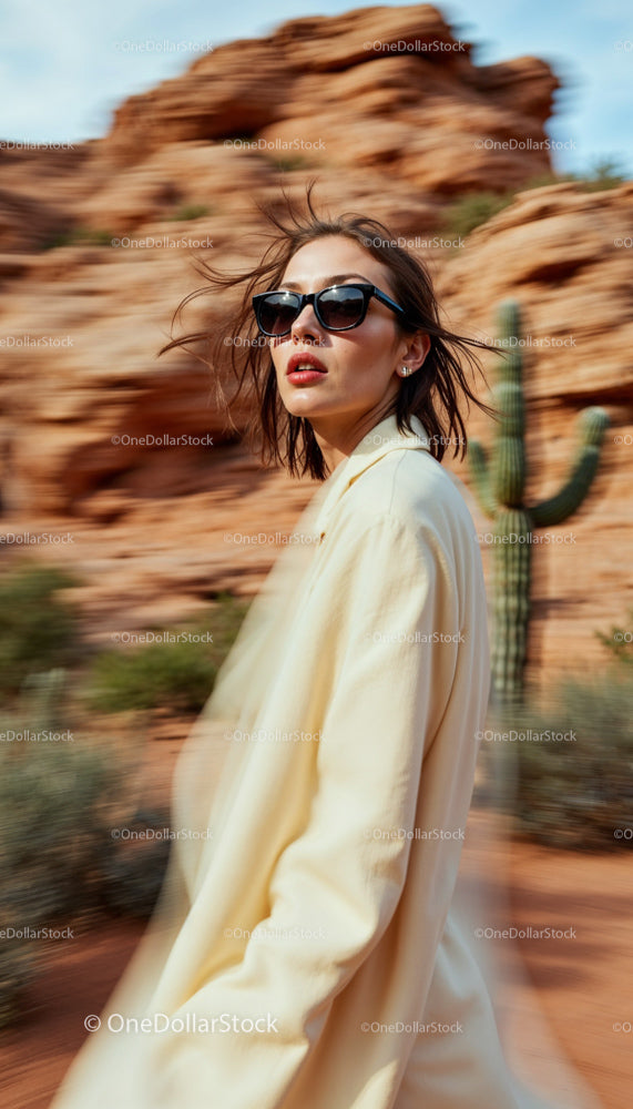 Stylish Woman in Sunglasses Walking Through Desert Landscape
