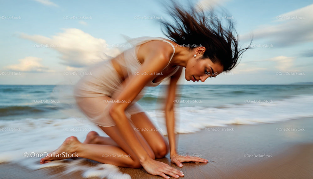Energetic Woman in Motion on a Sunlit Beach