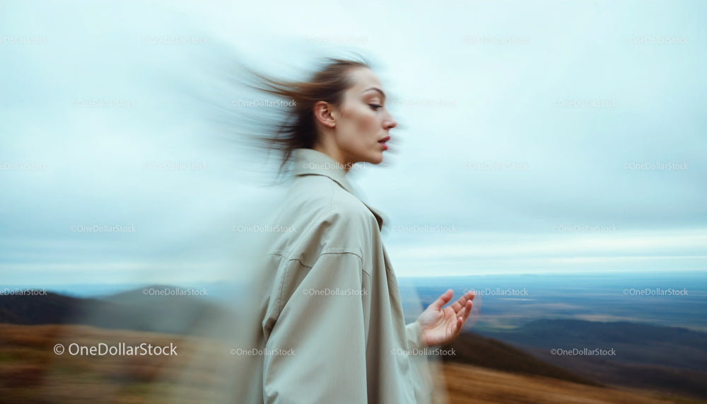 Woman with Flowing Hair in Serene Mountain Landscape