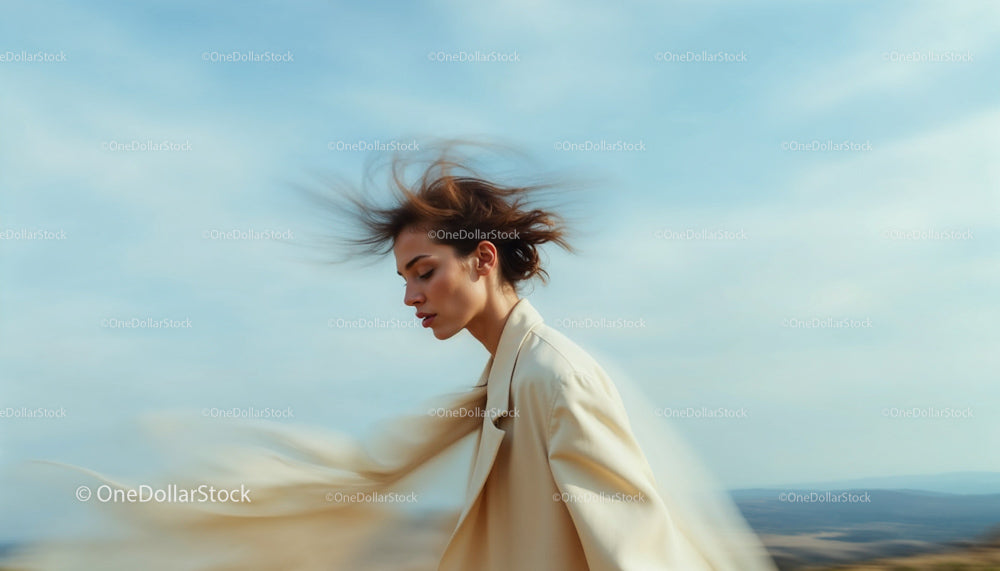 Elegant Woman in Motion Against Windy Blue Sky