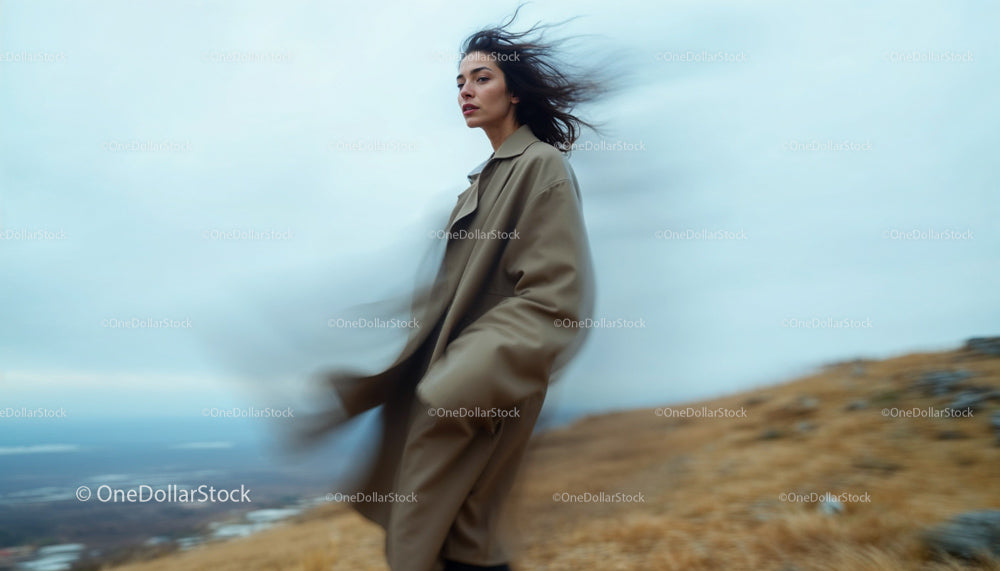 Woman in Long Coat Standing on Windy Mountain Edge