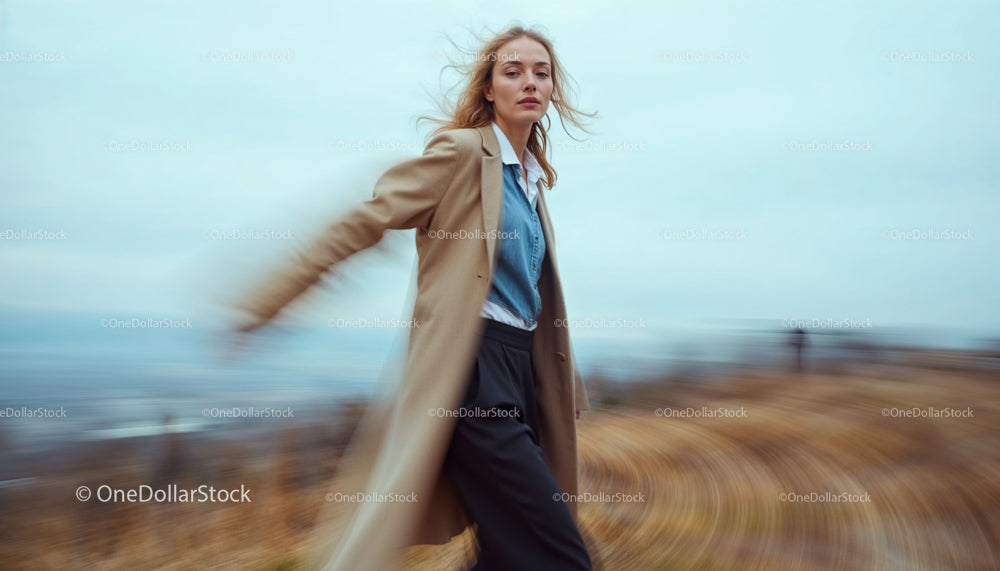 Woman in a Long Coat Running Outdoors on a Windy Day