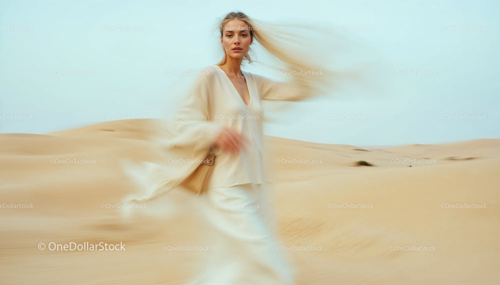 Mystical Woman in Beige Amidst Sand Dunes