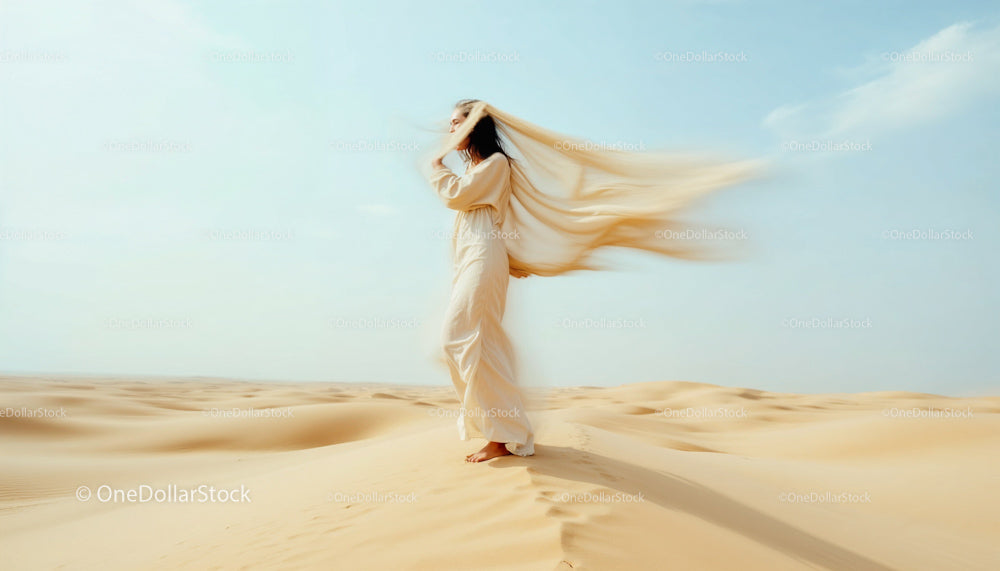 Elegant Woman with Flowing Hair in Vast Desert Landscape