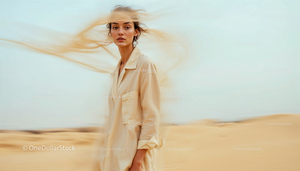 Portrait of a Woman in a Desert with Flowing Hair