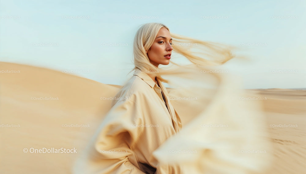 Blonde Woman Posing Gracefully in Expansive Desert Landscape