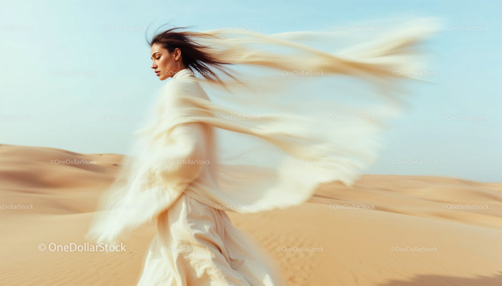 Elegant Woman in Flowing Dress Amidst Desert Dunes