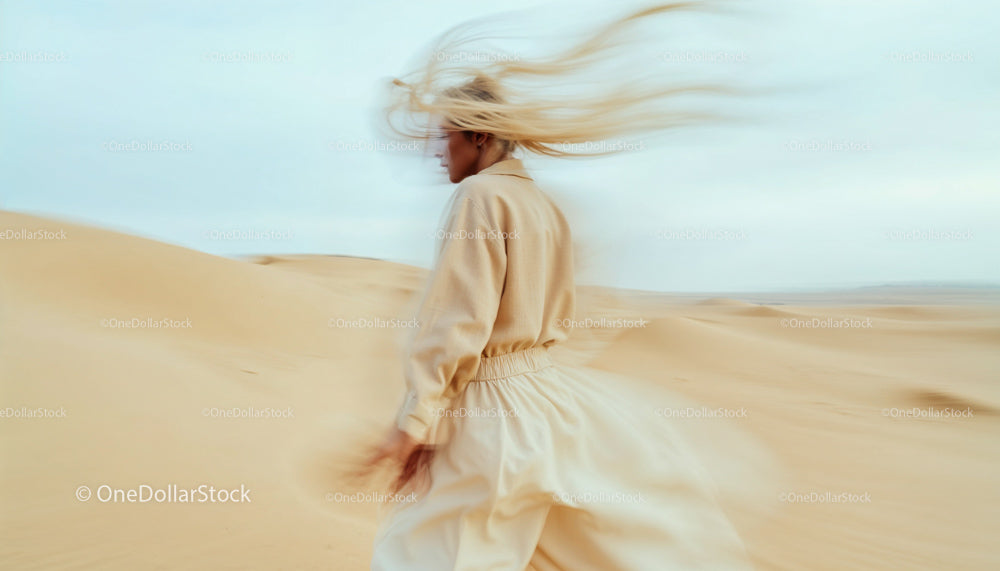 Blonde Woman in Beige Dress Amidst Vast Desert Sand Dunes