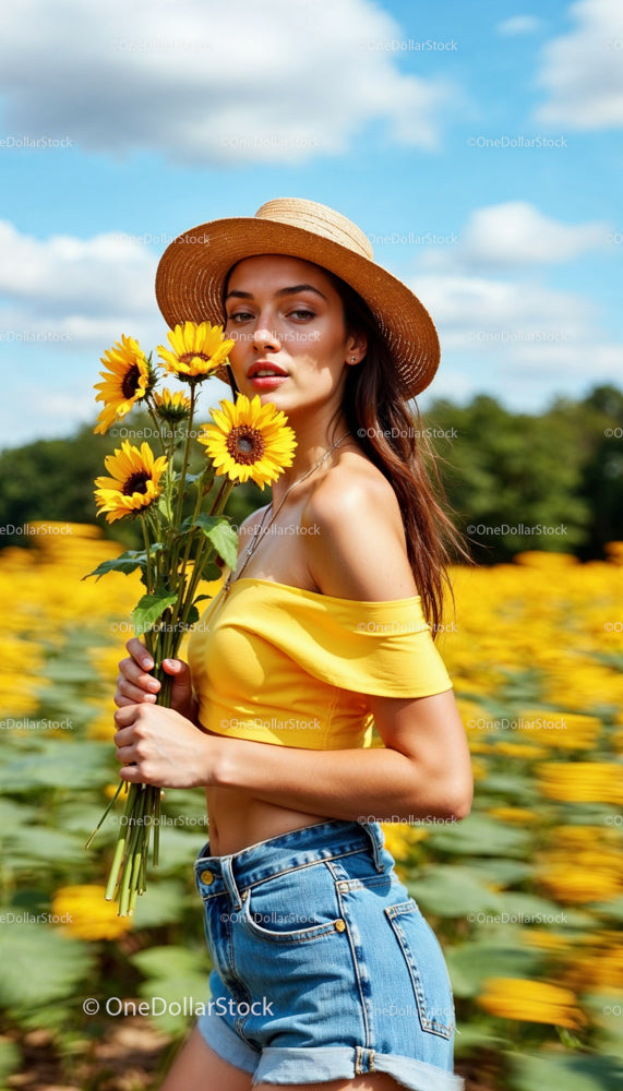 Young Woman in Sunflower Field Holding Fresh Sunflowers