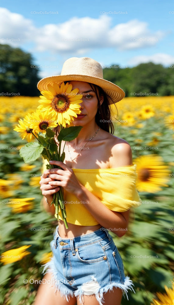 Woman in Sunflower Field with Yellow Crop Top and Hat