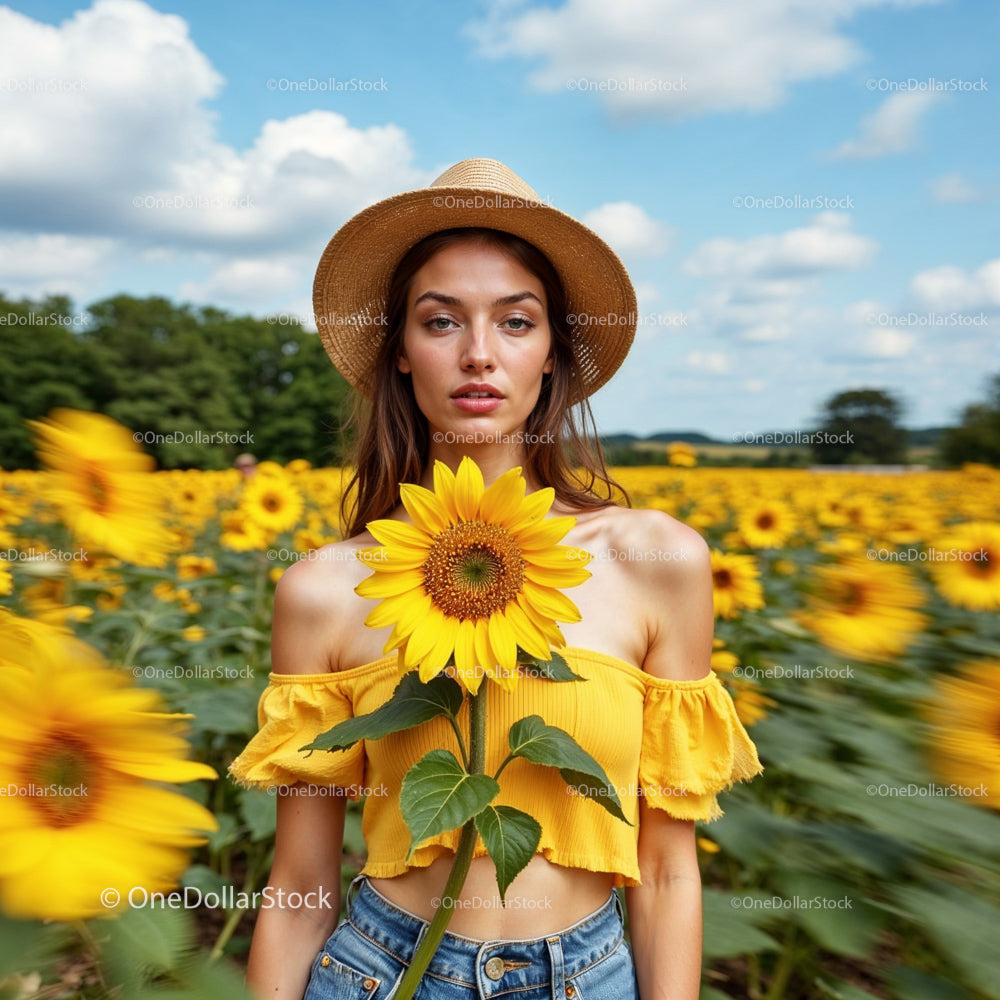 Woman in Sunflower Field Wearing Yellow Top and Straw Hat
