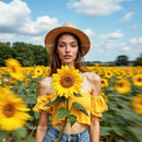 Woman in Sunflower Field Wearing Yellow Top and Straw Hat