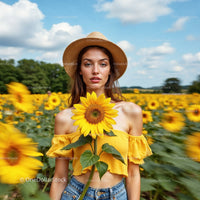 Woman in Sunflower Field Wearing Yellow Top and Straw Hat