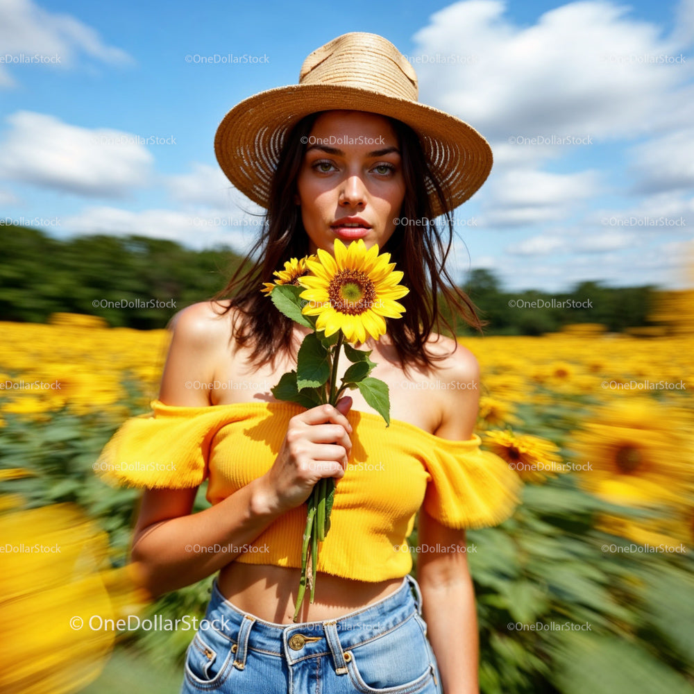 Woman with Sunflower in Vibrant Summer Field