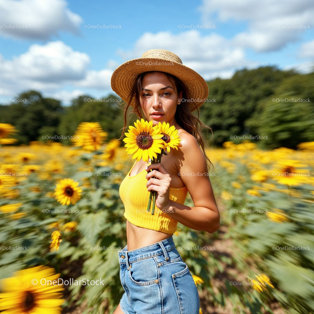 Blonde Woman in Sunflower Field with Straw Hat