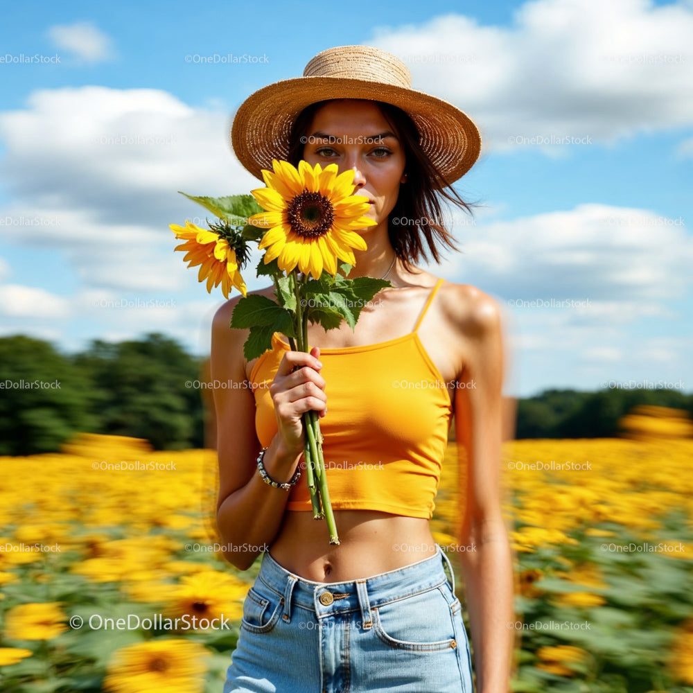 Woman in Straw Hat Holding Sunflowers in a Sunny Field