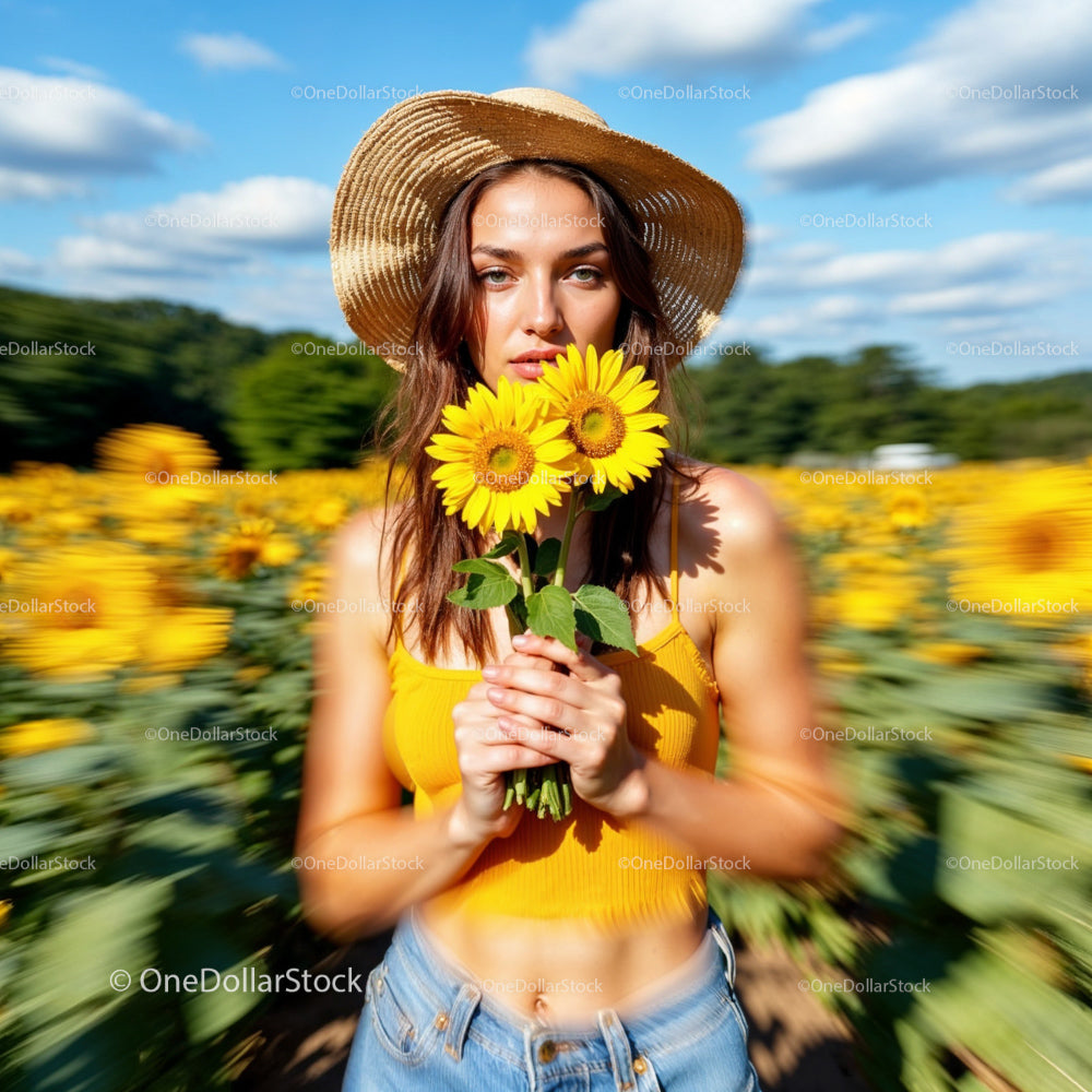 Woman in Straw Hat Holding Sunflowers in Sunny Field