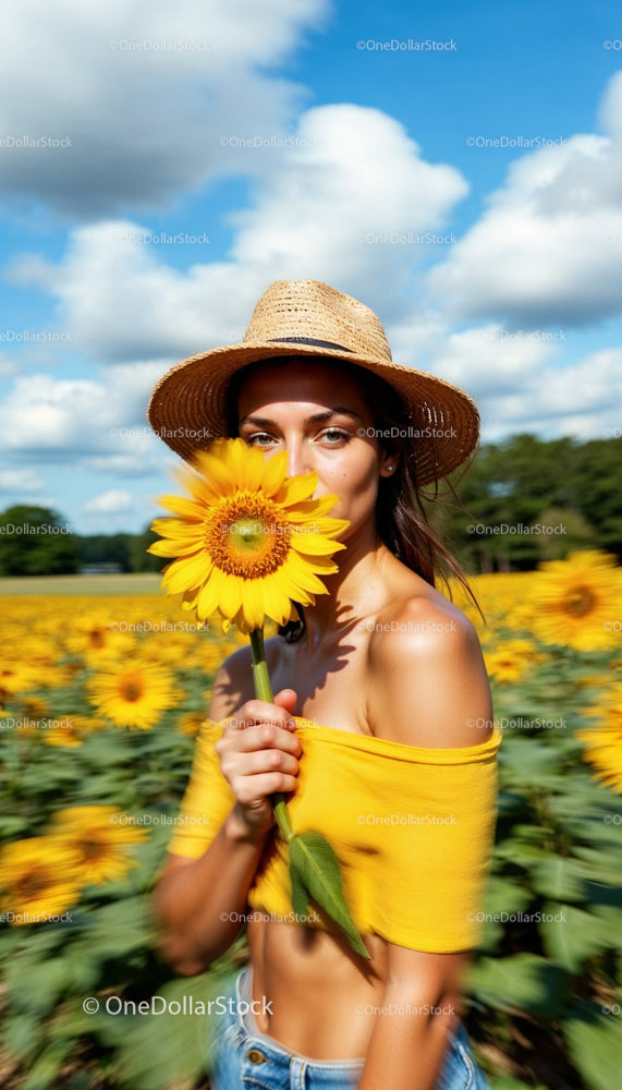 Woman in Straw Hat Holding Sunflower in Blooming Field