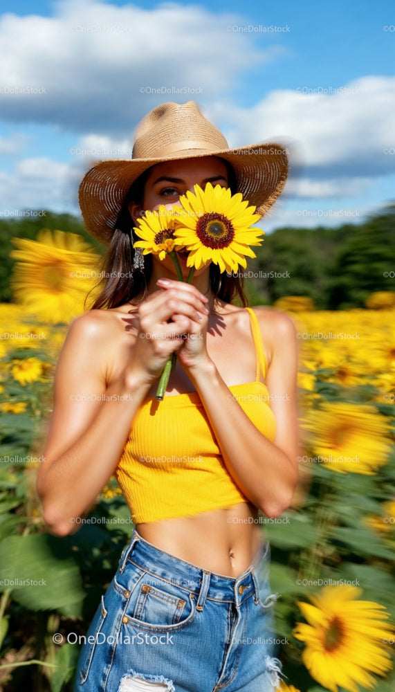 Young Woman Enjoying Summer in a Field of Sunflowers