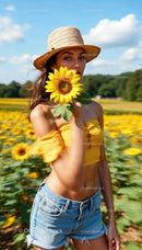 Woman Enjoying a Sunny Day in a Vibrant Sunflower Field