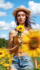 Woman in Straw Hat Holding Sunflower in Blooming Field