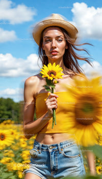Woman in Straw Hat Holding Sunflower in Blooming Field