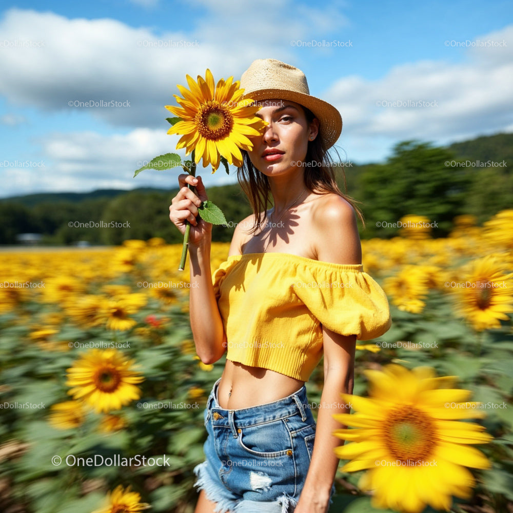 Woman in Yellow Crop Top with Sunflower in Blooming Field