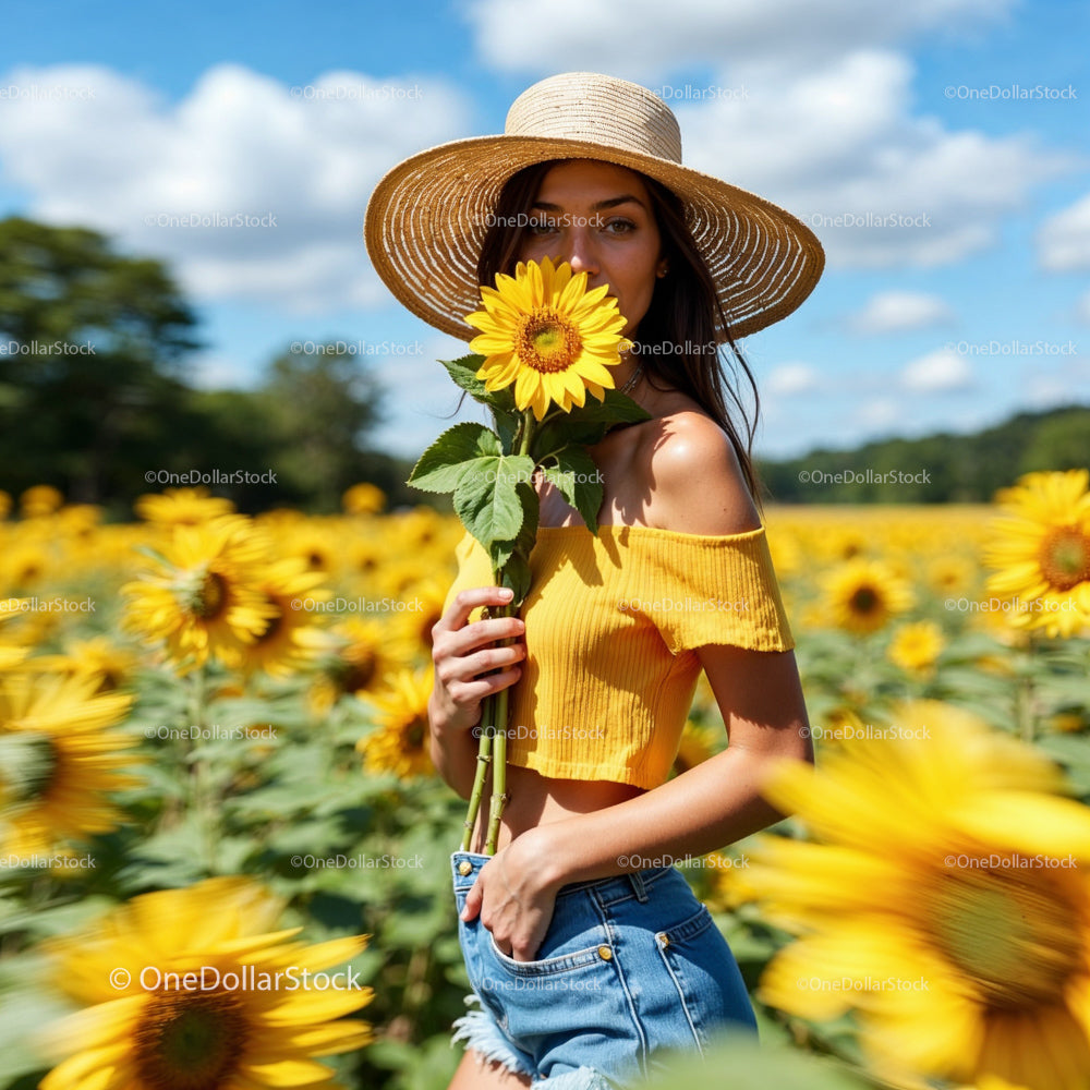 Woman in Sunflower Field with Straw Hat and Yellow Top