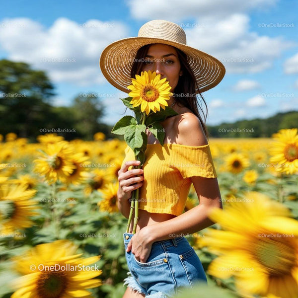 Woman in Sunflower Field with Straw Hat and Yellow Top