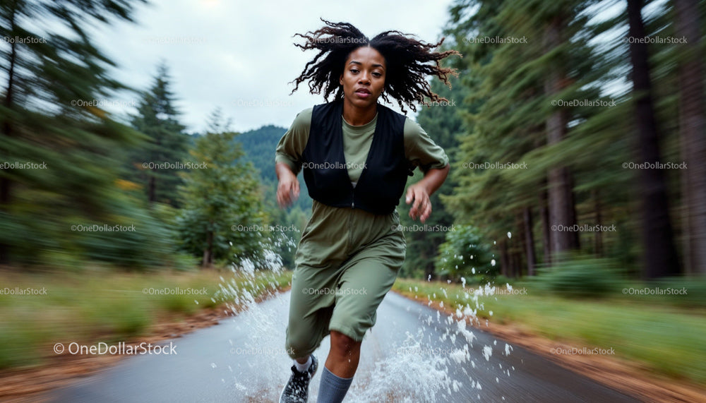 Determined Woman Running Through Forest Path Splashing Water
