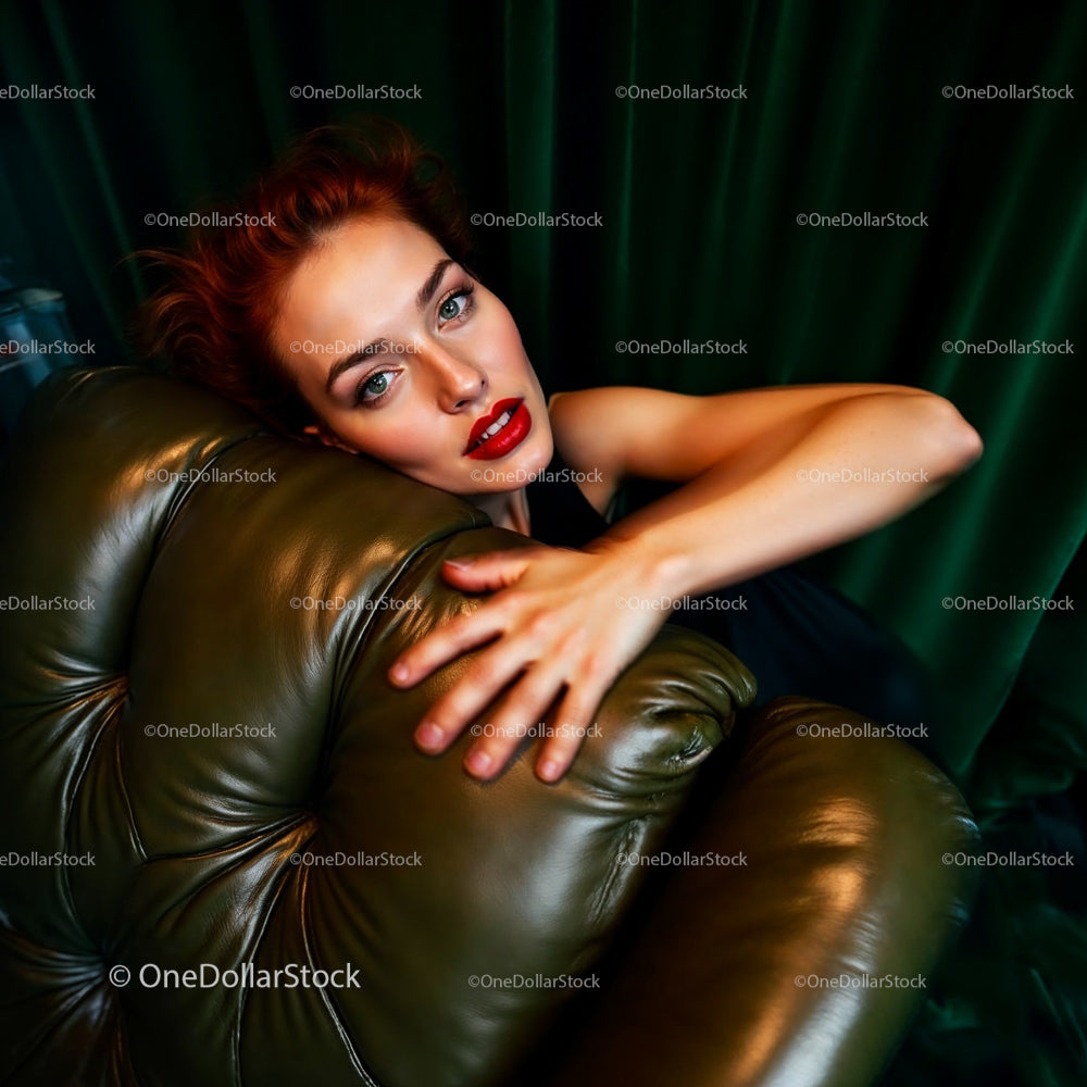 Elegant Woman in Glamorous Pose on Leather Couch