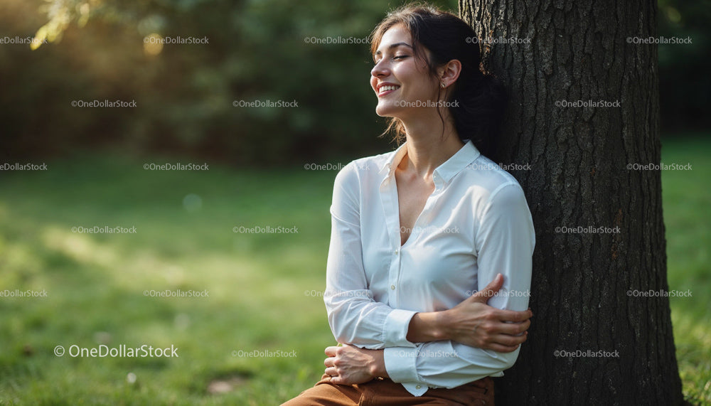 Smiling Woman Relaxing by Tree in Sunlit Park