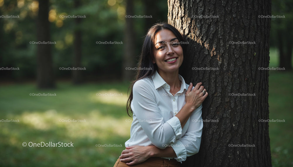 Smiling Woman Embracing Tree in Sunlit Park