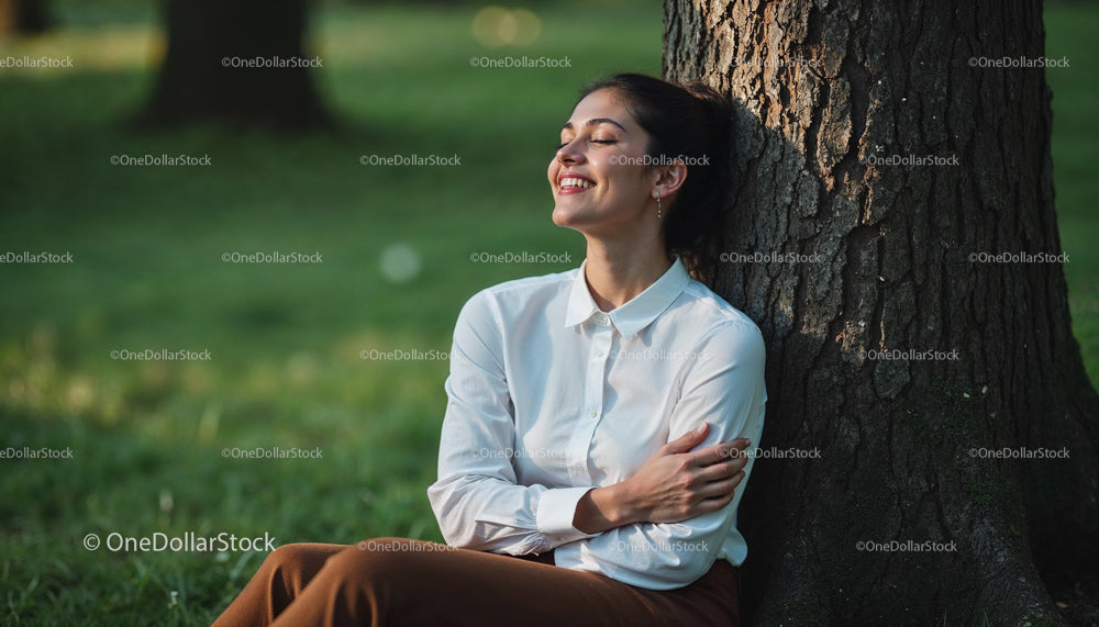 Woman Relaxing Against Tree on a Sunny Day