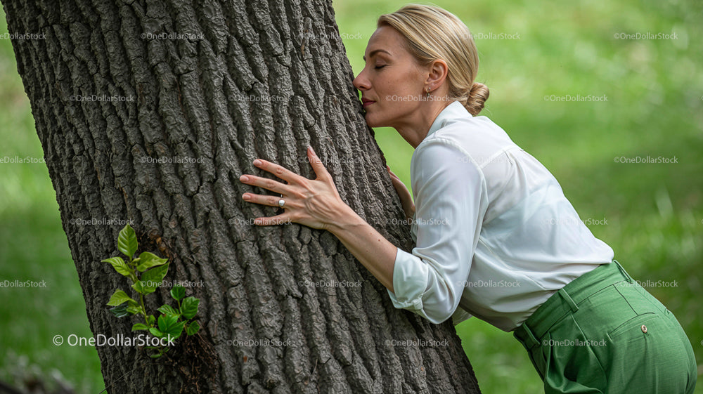 Woman Embracing Nature with Tree Hug in Greenery