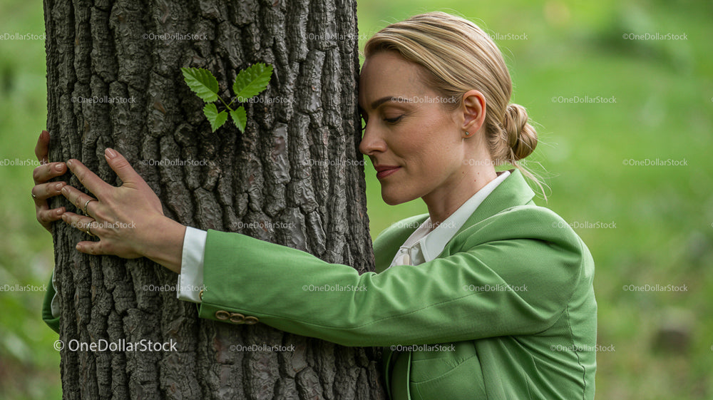 Woman Embracing Tree in a Tranquil Forest Setting