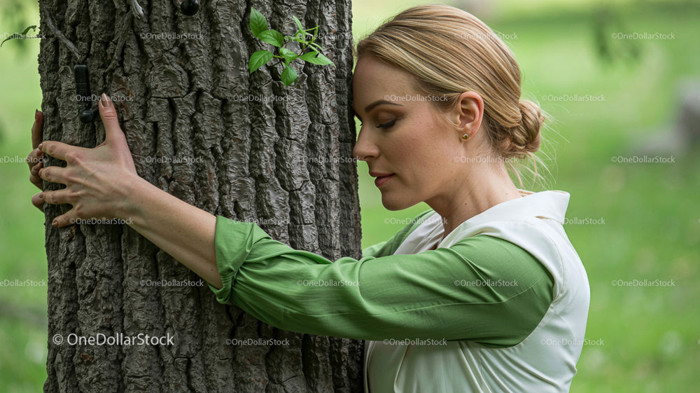 Woman Embracing a Tree in a Green Park