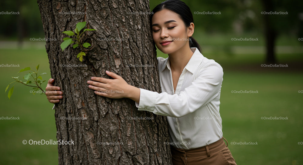 Mindful Woman Embracing a Tree in a Green Park