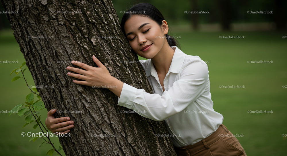 Woman Embracing Tree in Serene Outdoor Setting
