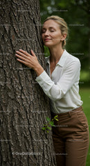 Woman Embracing Tree in Serene Green Environment