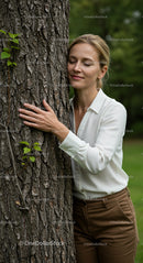 Woman Embracing Tree in Peaceful Forest Setting