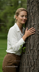 Serene Woman Embracing Tree in Peaceful Green Setting