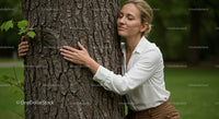 Woman Embracing Tree in a Green Park Setting