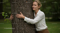 Woman Embracing Tree with Serene Expression in Nature