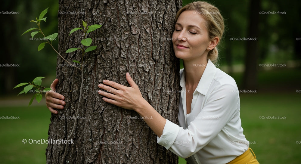 Woman Embracing Tree in Tranquil Nature Setting