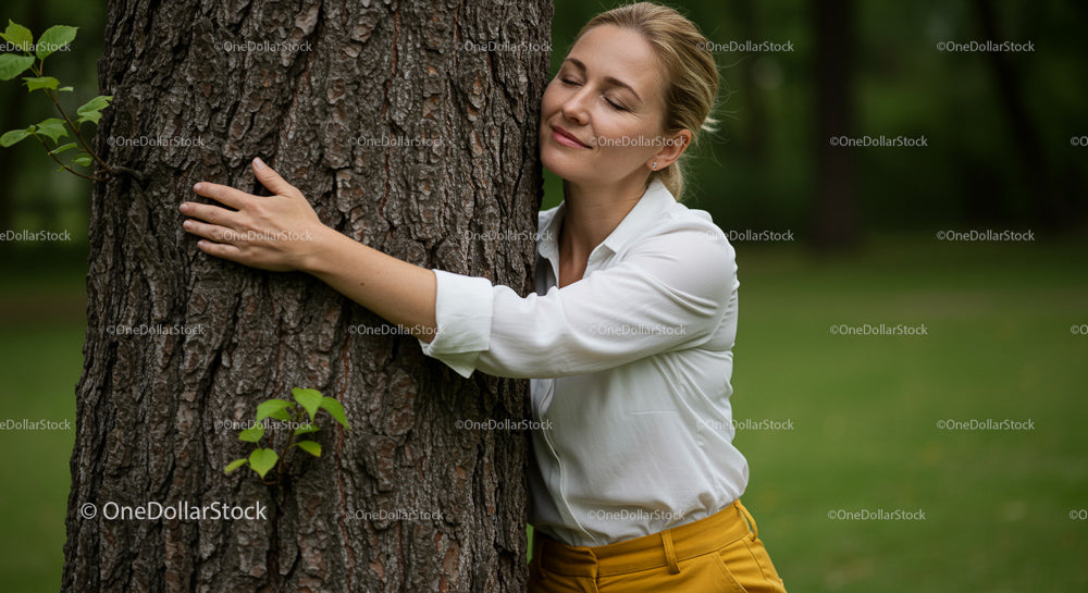 Woman Embracing Tree in Green Park for Mindful Connection